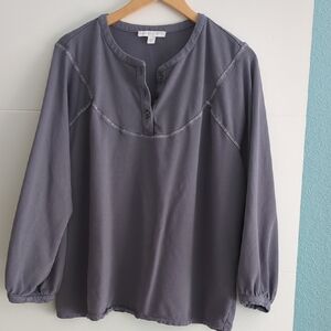 J.jill Peasant Henley Organic Cotton Women's Gray Balloon Sleeves Sweatshirt Top